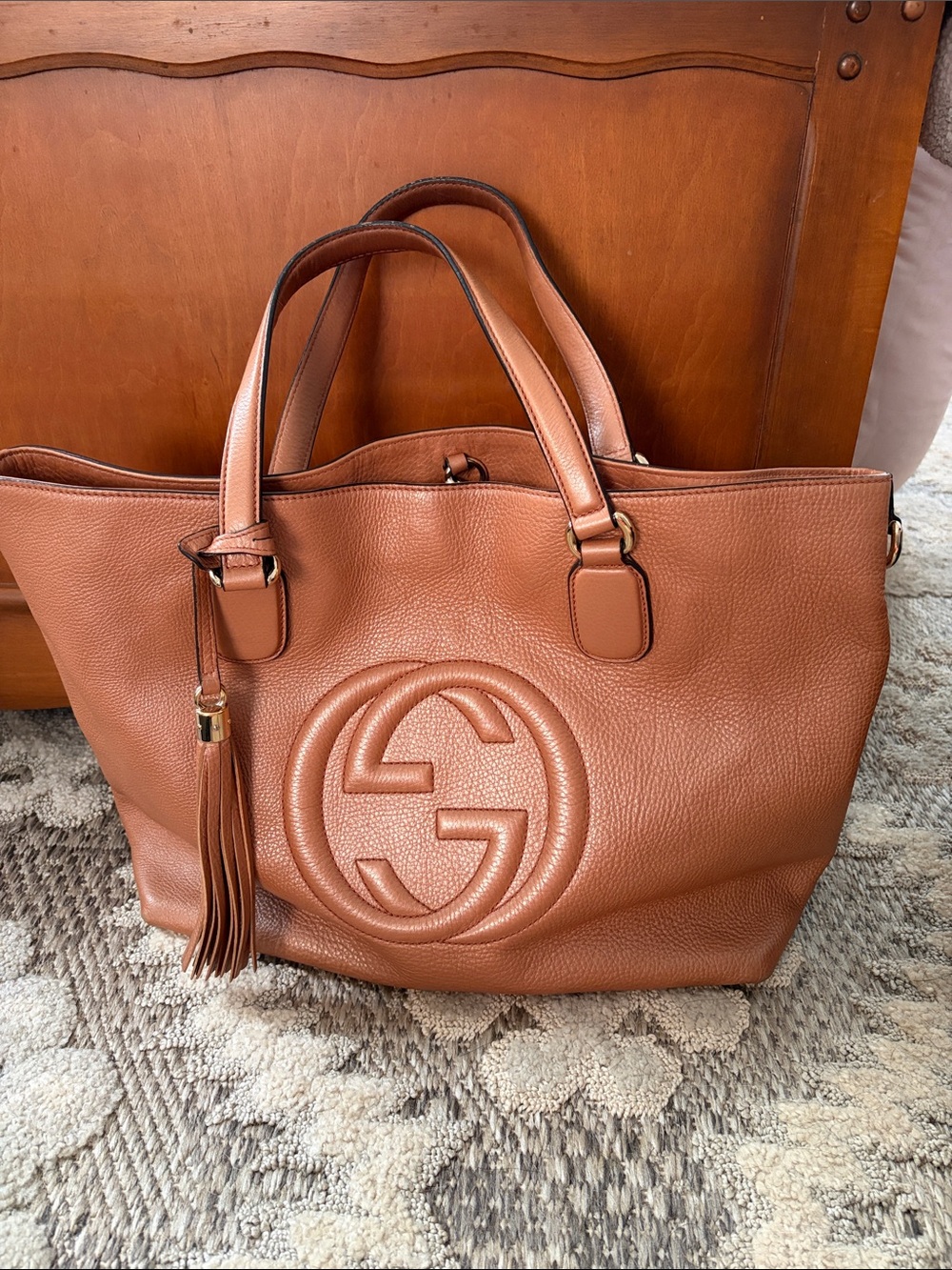 Gucci Rose Gold Leather Tote with Embossed Logo